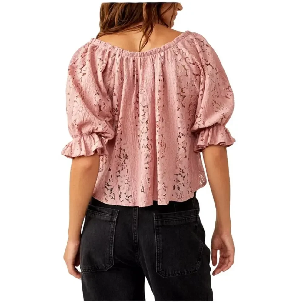 NWT Free People Ethereal Boho Pink Convertible Lace Crop Top Ruffled Cuff XS